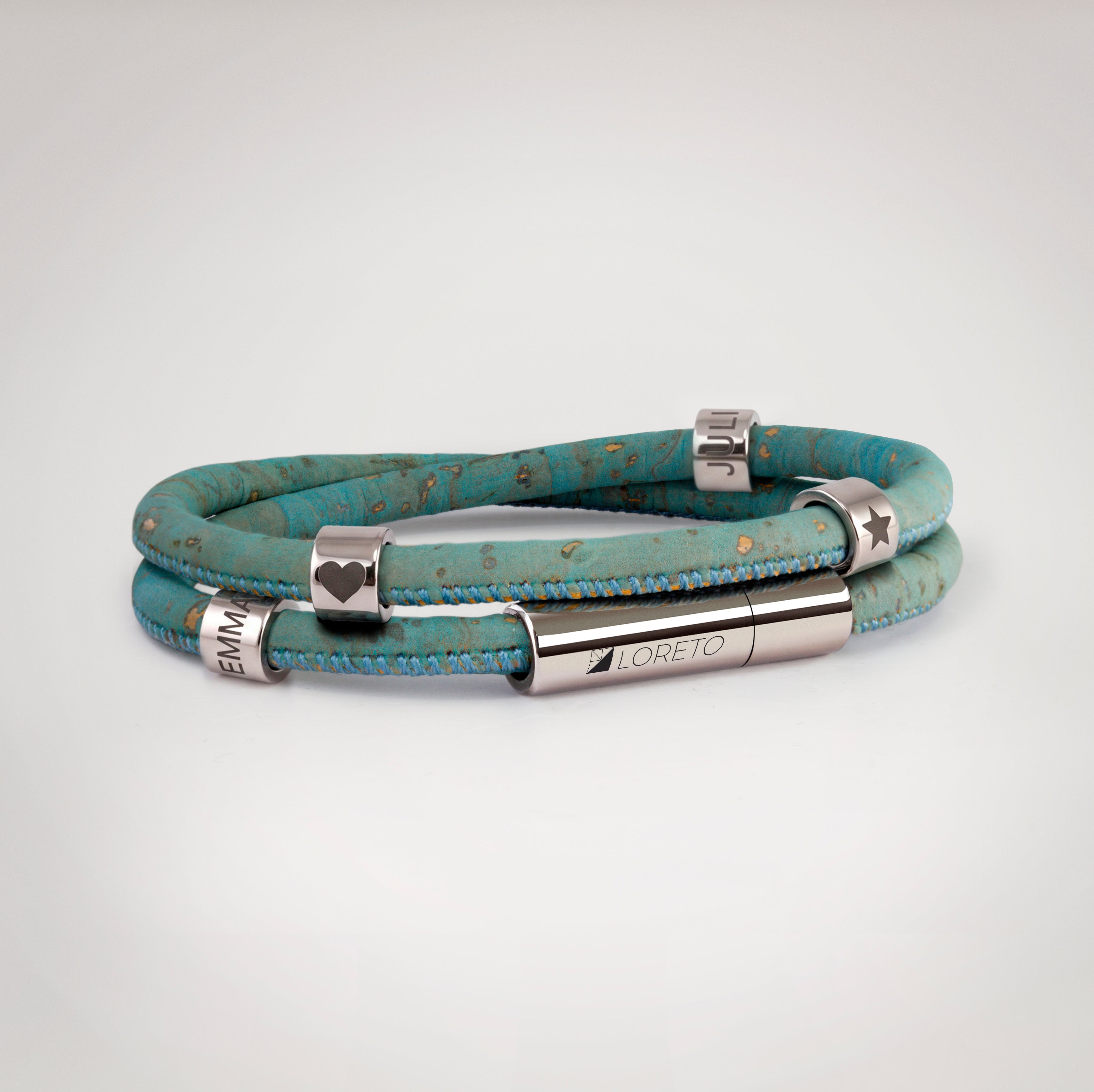 Pulsera azul doble de fibra natural de alcornoque y titanio