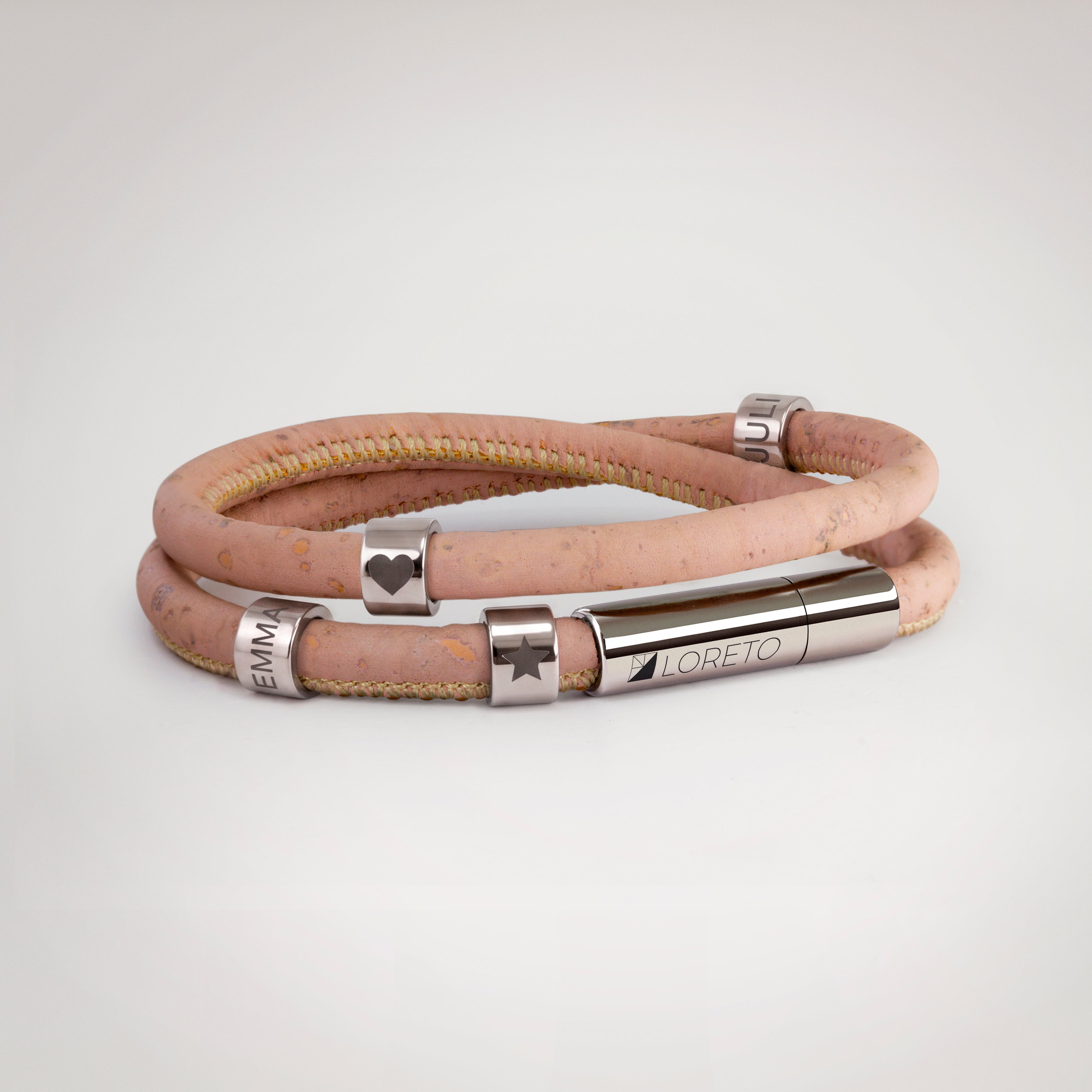 Pulsera rosa doble de fibra natural de alcornoque y titanio
