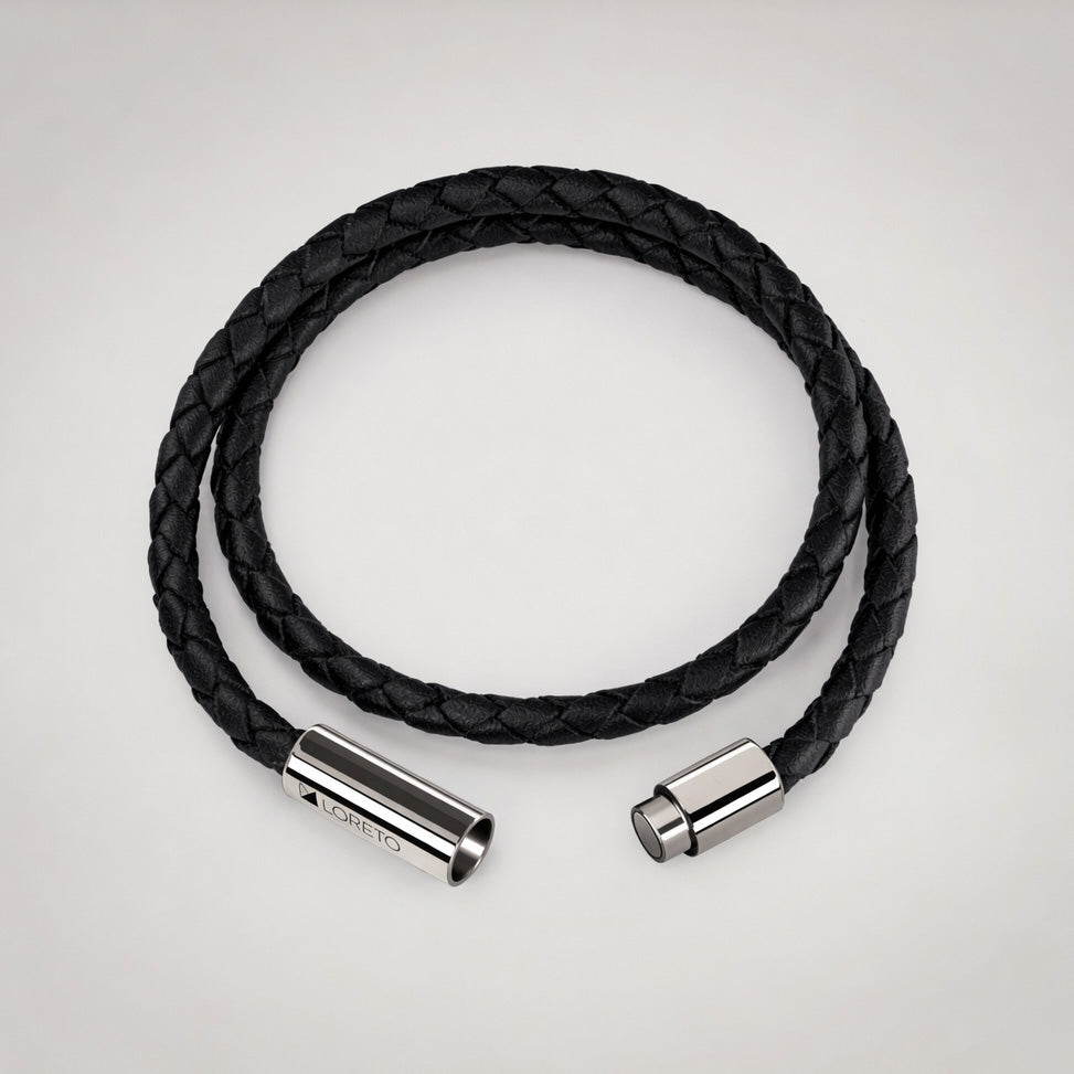 Pulsera trenza doble de cuero negro 100% argentino y titanio