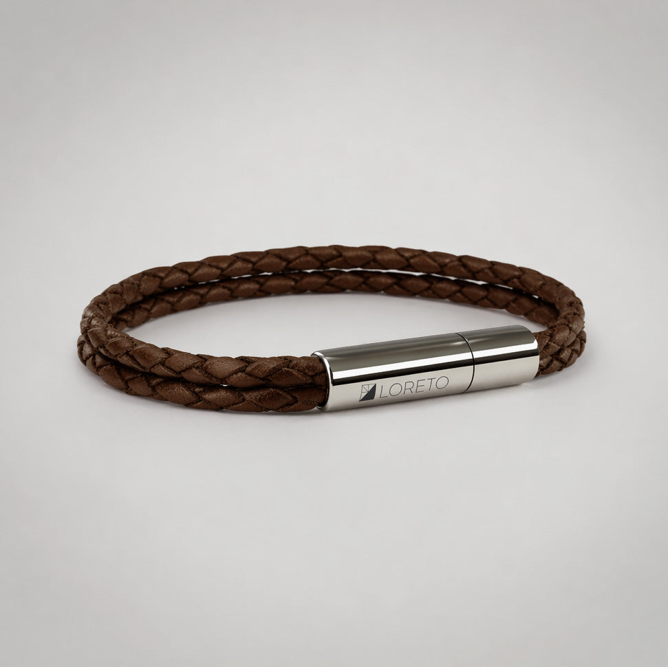 Pulsera trenza duo de cuero marrón 100% argentino y titanio