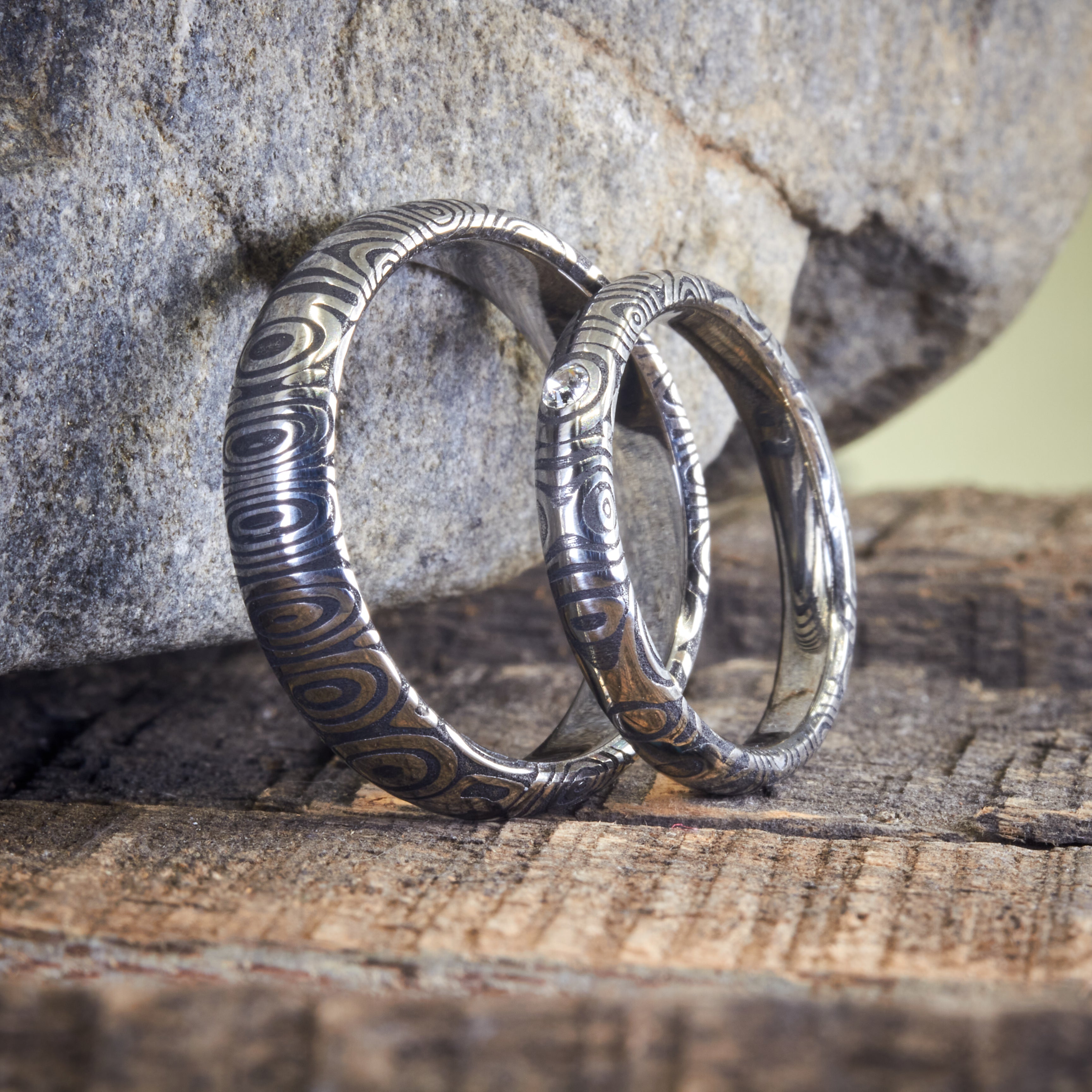 Set alianzas acero damasco BTÑ añejadas