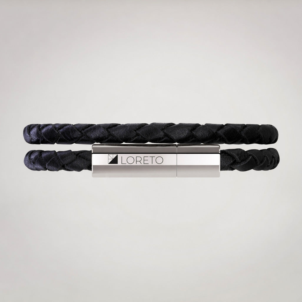 Pulsera trenza doble de cuero negro 100% argentino y titanio