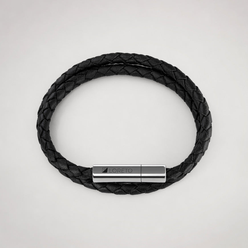 Pulsera trenza doble de cuero negro 100% argentino y titanio