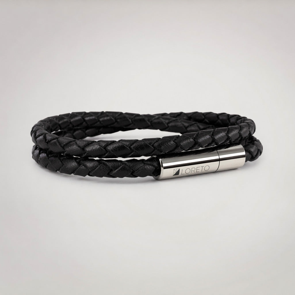 Pulsera trenza doble de cuero negro 100% argentino y titanio