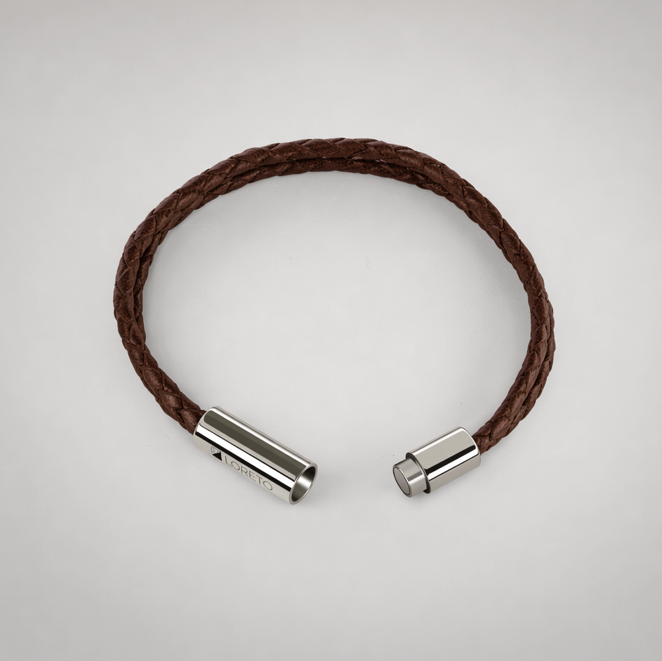 Pulsera trenza duo de cuero marrón 100% argentino y titanio