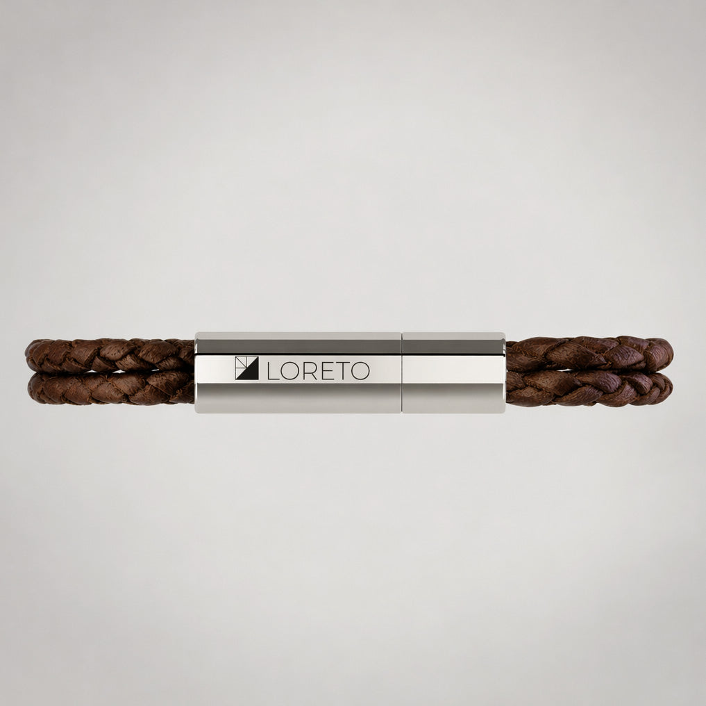 Pulsera trenza duo de cuero marrón 100% argentino y titanio
